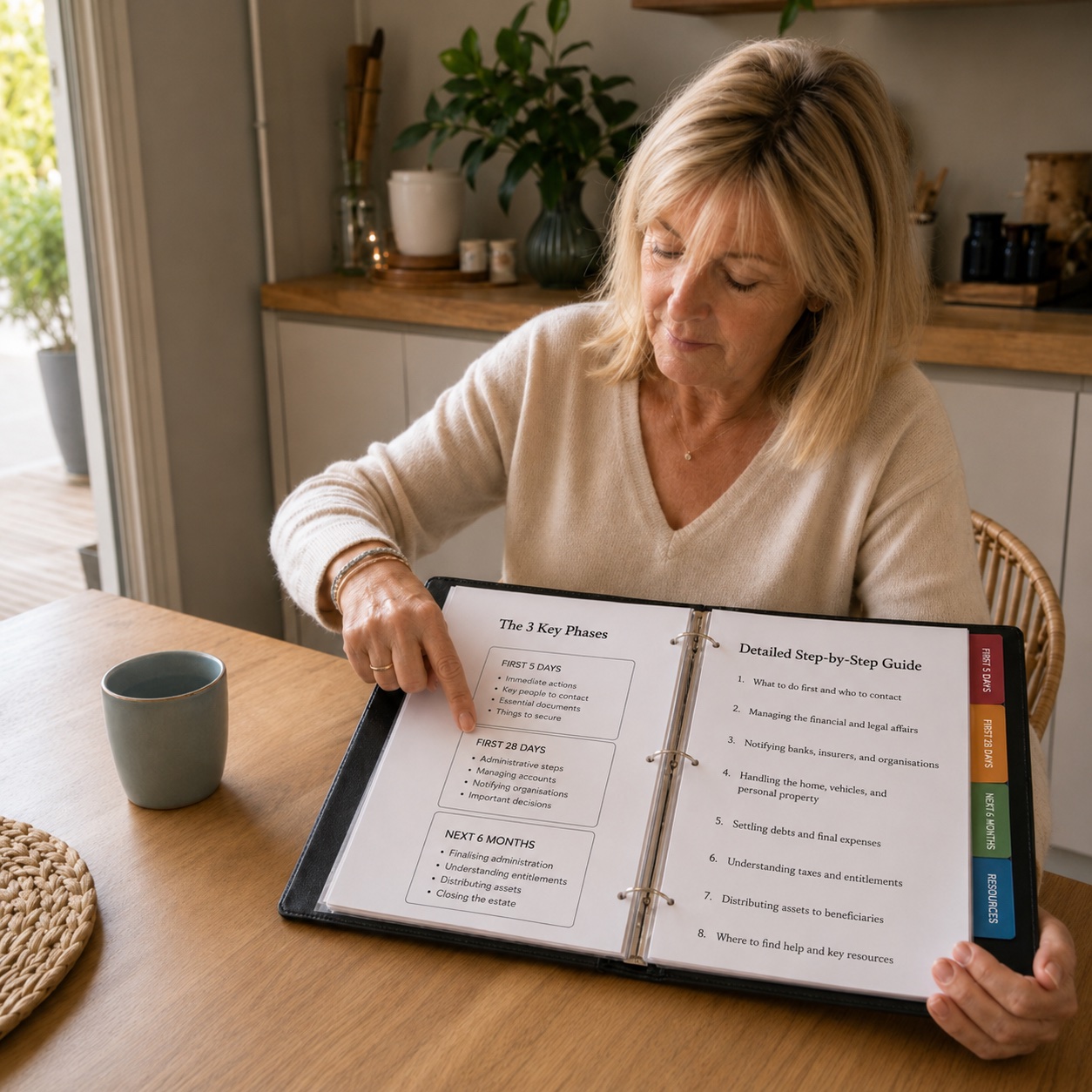 A customer pointing at the 3 key phases of her Family Handover Kit — first 5 days, first 28 days, next 6 months.