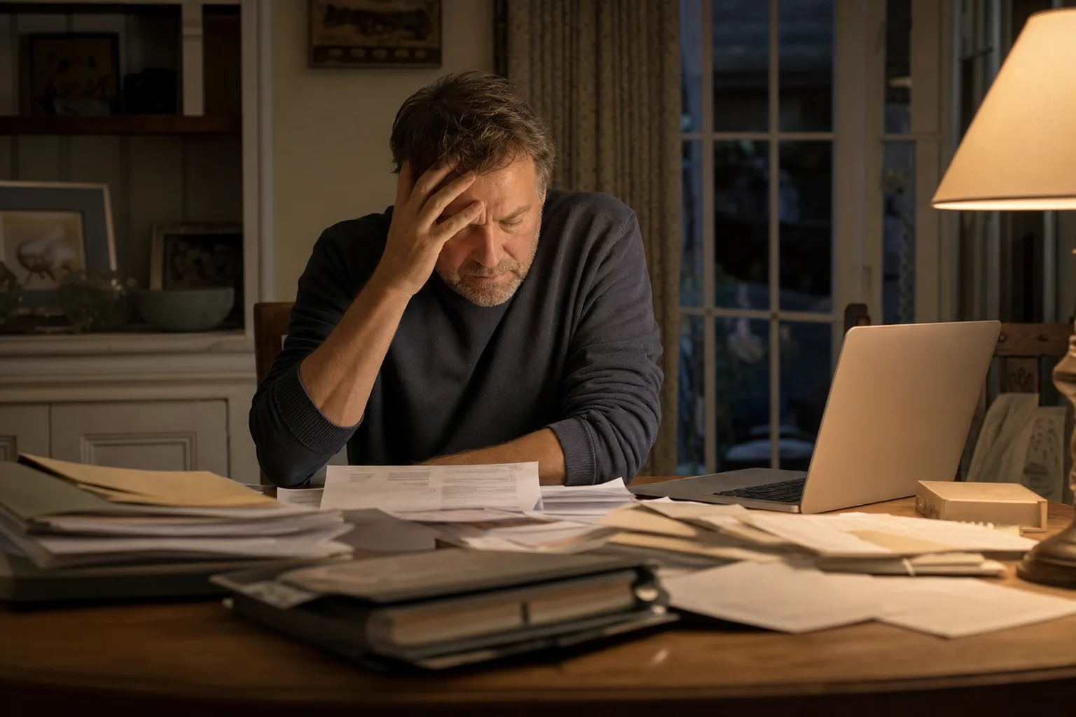 An adult son surrounded by his late parent's paperwork, unsure where to begin