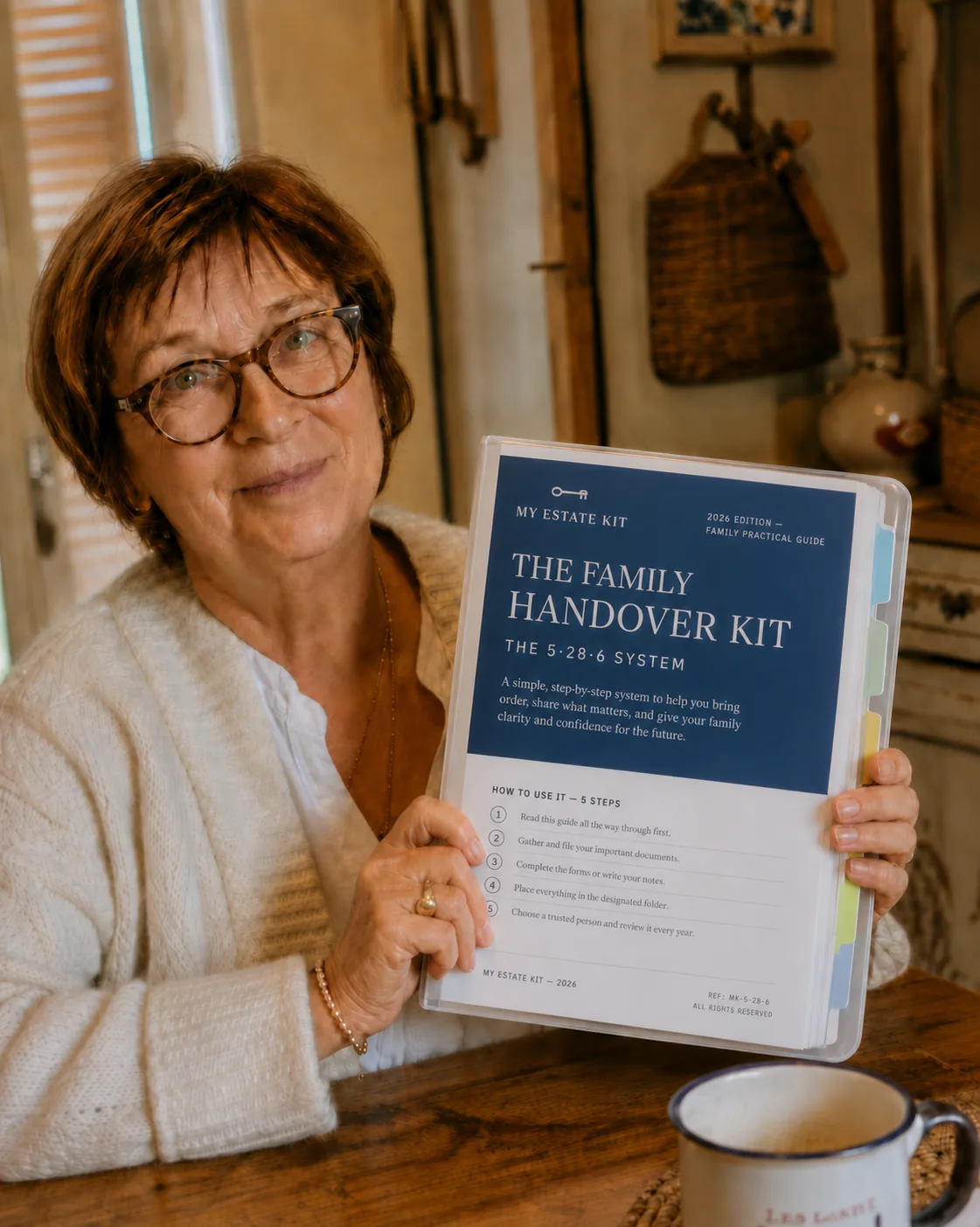 A customer with the Family Handover Kit at the kitchen table