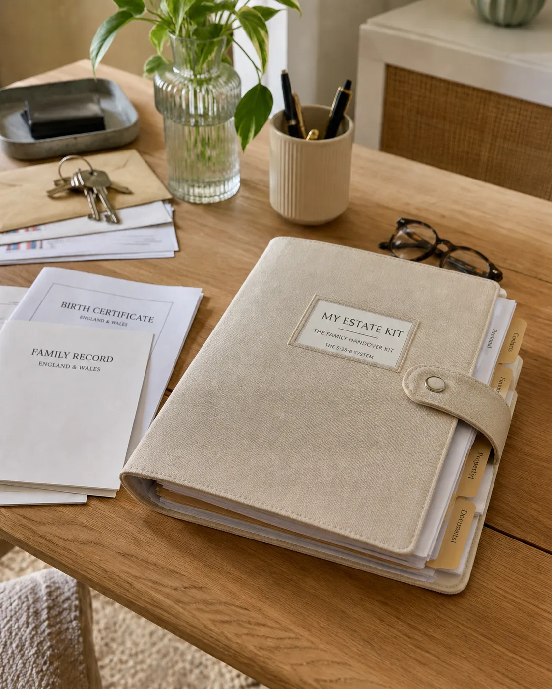 The kit closed on a desk beside the important papers